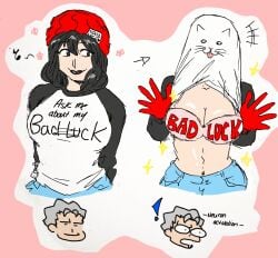 2024 andy_(undead_unluck) ask_me_about_my_disguise beanie before_and_after black_lipstick bra canon_couple gloves husband_and_wife izumo_fuuko jeans meme shirt_lift shirt_over_head taiyodrawzz undead_unluck