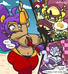 dark-skinned_female huge_breasts huge_nipples nervous purple_hair risky_boots shantae shantae_(character) tagme text windreg