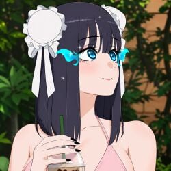4k_resolution anime black_hair black_nails blue_eyes bottle calm casual cosplayer cute_face daytime drinking_bottle eyebrows free_fire high_quality high_resolution highres innocent innocent_expression innocent_smile lipstick looking_away makeup marin_kitagawa missy my_dress_up_darling perfect_skin petite_female profile_view schoolgirl short_hair smile smiling tiktok upscaled waifu2x white_bow white_skin yard