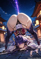 1girl ai_assisted ai_generated all_fours ass bangs bare_shoulders black_legwear blush breasts curvaceous curvy curvy_female curvy_figure detached_sleeves female genshin_impact hair_ornament japanese_clothes looking_at_viewer miyuai night night_sky purple_eyes purple_hair raiden_shogun sky smile solo star_(sky) starry_sky thick thick_ass thick_butt thick_hips thick_legs thick_thighs thighhighs top-down_bottom-up voluptuous voluptuous_female wide_hips wide_thighs