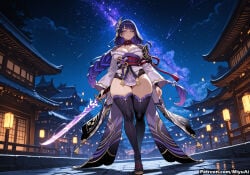 1girl ai_assisted ai_generated architecture bangs bare_shoulders black_legwear blush braid breasts building cleavage curvaceous curvy curvy_female curvy_figure east_asian_architecture female full_body genshin_impact hair_ornament holding japanese_clothes lantern large_breasts long_hair looking_at_viewer miyuai night night_sky outdoors purple_eyes raiden_shogun sky smile solo standing star_(sky) starry_sky thick thick_ass thick_butt thick_hips thick_legs thick_thighs thighhighs very_long_hair voluptuous voluptuous_female wide_hips wide_sleeves wide_thighs