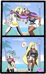 bandana bandana_over_mouth big_ditt_(chabble) blonde_hair chabble ditto dress green_eyes head_swap long_hair lusamine_(pokemon) pink_eyes pink_hair pokemon pokemon_sm squatting swapping_heads tagme team_skull team_skull_grunt team_skull_grunt_(female) team_skull_uniform