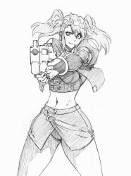 1girls angel_blade belly_button bustier cop emily_(angel_blade) exposed_belly flashing_panties gloves grayscale gun jacket large_breasts rakusakugk skirt spread_legs twintails