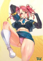 1girls angel_blade belly_button boots bustier cameltoe cop emily_(angel_blade) exposed_belly exposed_panties f.s. female gloves jacket large_breasts lifted_leg light-skinned_female pink_hair short_skirt skirt tie twintails