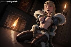 1girl ai_generated armor astrid_hofferson barrel belt blonde_hair blue_eyes blush boots braid breasts candle dreamworks fire fireplace fur_trim hi_res high_quality high_resolution indoors lantern long_hair medium_breasts navel nipples open_mouth patreon pauldrons seductive sexy shoulder_armor sitting solo spicytoonai torch uncensored watermark