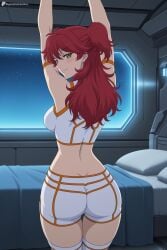 1girl ai_generated arms_up ass bed blush breasts cafe_stella_to_shinigami_no_chou crop_top digitalwaifugallery earrings freckles from_behind hi_res high_quality high_resolution indoors jewelry large_breasts long_hair looking_at_viewer looking_back midriff nena_trinity patreon patreon_username pillow red_hair seductive sexy short_shorts shorts smile solo thighhighs two_side_up uncensored watermark white_shorts yellow_eyes