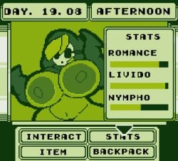 breasts_on_glass dark_nipples game_boy green_body huge_breasts pixel_art shy_gal text windreg