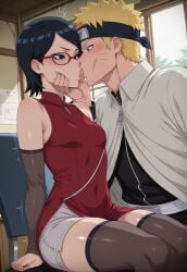 1boy 1girls age_difference ai_generated black_eyes blue_eyes blush boruto:_naruto_next_generations face_grab french_kiss glasses hi_res hokage kissing medium_ass medium_breasts naruto_(series) naruto_shippuden ntrkage older_male_and_younger_female petite petite_body sarada_uchiha short_hair sitting slim_waist smile thick_thighs tongue_kiss uchiha_sarada uzumaki_naruto