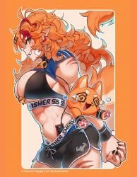 1girl 1girls abs ahoge animal_ears big_breasts black_collar black_nails black_shorts black_sports_bra blue_eyes blue_shirt bone_hair_ornament breasts buffpup_(vtuber) collar commentary curly_hair dolphin_shorts english_commentary female from_side gamer_supps grin hair_ornament headphones headphones_around_neck highres holding large_breasts multicolored_hair muscle_mommy muscular muscular_female navel official_art orange_fur orange_hair red_hair red_streaks scar scar_on_leg shirt shorts smile solo sports_bra sportswear streaked_hair sweat tail thighs tits torn_clothes torn_shirt virtual_youtuber vtuber wolf_ears wolf_girl wolf_paws wolf_tail