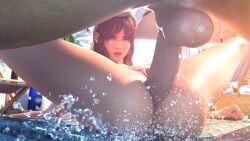 anal beach cissnei den_3d_art final_fantasy male/female red_hair shocked_face water water_splash