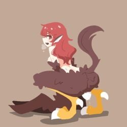 1girl animal_ears ass big_o_pants bird_ears bird_legs bird_tail breasts brown_background brown_feathers brown_wings commentary_request egg egg_laying feather_fingers feathers fio-chan_(big_o_pants) harpy large_breasts long_hair looking_at_viewer monster_girl nipples no_lineart nude open_mouth original pussy_juice red_eyes red_hair solo squatting tail talons winged_arms wings