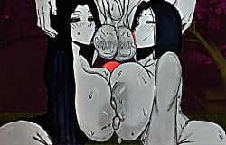 2girls balls_licking balls_sucking big_breasts big_penis black_hair blush breasts drooling from_above glistening_skin large_breasts long_hair night nipples outdoors penis pleasure_face roblox roblox_game saliva sama_(the_mimic) side_by_side slenderman sweat sweaty_body sweaty_penis testicles the_mimic yuma_(the_mimic)