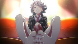 1boy 1girl bare_legs barefoot black_jacket blurry blurry_background breasts censored collared_shirt cum cum_on_body cum_on_feet feet footjob game_asset grey_eyes grey_hair grin half-closed_eyes hetero highres hood jacket looking_at_viewer magicami mosaic_censoring necktie official_art open_clothes open_jacket penis red_necktie shirt short_hair sitting smile solo_focus swept_bangs tamaki_hanabi toes two-footed_footjob white_shirt