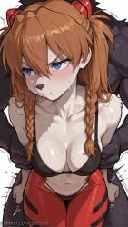 1girl ai_generated animal_ears animal_nose asuka_langley_sohryu blonde_hair blush body_fur braid breasts decurse furry furry_female green_eyes large_breasts long_hair looking_at_viewer maid_headdress onsen outdoors penis smile solo towel uncensored wet