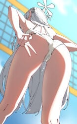 1girl area69 ass bikini blue_archive blue_sky clothed_after_sex commentary_request cum cum_in_pussy cumdrip cumdrip_through_clothes day from_behind hair_ornament halo highres long_hair nagusa_(blue_archive) nagusa_(swimsuit)_(blue_archive) official_alternate_costume outdoors sky snowflake_hair_ornament snowflake_halo solo swimsuit v very_long_hair white_bikini white_hair