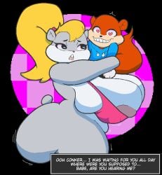 1boy 1girls berri blonde_hair conker conker's_bad_fur_day furry huge_ass huge_breasts hugging pixel_art tagme windreg