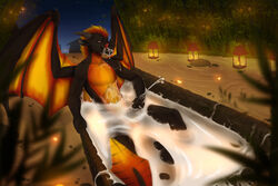 1boy anthro bathtub black_penis cum cum_bath cum_on_face cum_on_self cum_on_stomach cumshot dafka dragon ejaculation erection excessive_cum hi_res horn male male_only masturbation orgasm outside penis smile solo tongue tongue_out wings