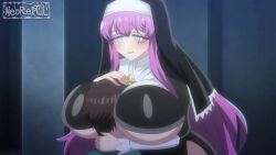 animated between_breasts black_dress blue_eyes blush breast_smother breasts commentary commission cross cross_facial_mark cum cum_on_body cum_on_breasts dress ejaculation english_commentary erection face_to_breasts facial_mark female head_between_breasts huge_breasts long_hair mahou_shoujo_ni_akogarete neoreptil nun nun_headdress open_mouth paizuri penis pink_hair pov pov_crotch sister_gigant size_difference smother sound straight tagme underboob video