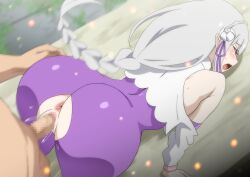 1boy 1girl all_fours anus ass blush bodysuit braid censored closed_eyes clothed_sex doggystyle elf_ears elf_female emilia_(re:zero) hair_ornament hara_(harayutaka) highres large_ass open_mouth penetration purple_bodysuit pussy re:zero_kara_hajimeru_isekai_seikatsu sex sex_from_behind sweat vaginal white_hair