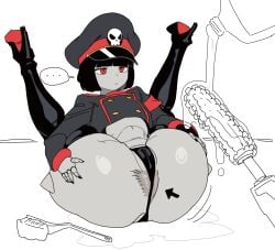 absurdres android anus black_hair black_thong blunt_bangs bob_cut boots borrowed_character buttons cameltoe colored_skin curvy double-breasted flat_chest grey_skin gya_rb hat high_heel_boots high_heels highres leather leather_boots military_hat military_uniform navel original peaked_cap red_eyes robot_girl robot_girl_(bingbingzi) shortstack thick_thighs thighs wide_hips