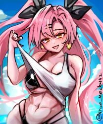 abs bikini black_bikini blue_sky blush crop_top highleg_bikini large_breasts multi-strapped_bikini_bottom nicole_demara open_mouth shirt_lift signature smile toned white_topwear zenless_zone_zero