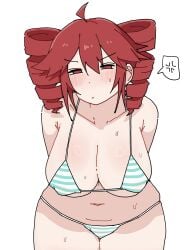1girl anger_vein angry arms_behind_back bent_over bikini blush breasts ccitrus0 curvy embarrassed female hanging_breasts huge_breasts huge_thighs kasane_teto looking_at_viewer plump solo striped_bikini thick_thighs vocaloid wide_hips