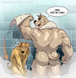 2boys anthro ass assisted_exposure canine covering furry indiego male muscular nude shower tagme