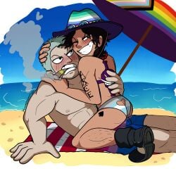 back_tattoo beach beach_towel beach_umbrella bisexual_pride_colors bulge cigar demiboy demiboy_pride_colors human male/male mlm_pride_colors muscular_male one_piece portgas_d_ace pride_month smoker_(one_piece) topless_male yummynommyy