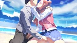 1boy 1girl asobe_iroha black_hair blazer blue_skirt blurry blush brown_hair censored cloud day fingering french_kiss game_asset grey_jacket hair_bun hand_on_another's_shoulder handjob hetero highres jacket kiss long_hair long_sleeves magicami miniskirt mosaic_censoring mutual_masturbation official_art orange_hair outdoors pants penis pleated_skirt pool rooftop school_uniform single_hair_bun skirt sky tongue tongue_out underwear