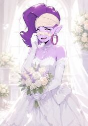 <3 :3 ai_generated bandage brawl_stars cute earrings emz_(brawl_stars) flower purple_hair purple_skin tears tears_of_joy wedding wedding_dress white_gloves wholesome