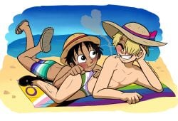 beach beach_towel bisexual_pride_colors blush cigarette genderqueer human male/male mlm_pride_colors monkey_d_luffy one_piece pride_month sanji_(one_piece) smoking_cigarette sunhat topless_male yummynommyy