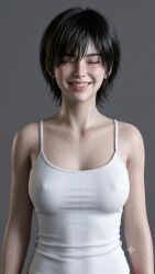 1girl ai_generated evie_(stellar_blade) eyes_closed laugh laughing realistic short_hair smile smiling sole_female standing stellar_blade stellar_blade:_blood_rain tank_top tomboy tomboyish white_tank_top