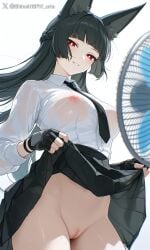1girls ai ai_generated black_hair hoshimi_miyabi nipples nipples_visible_through_clothing pussy red_eyes shineinsfw smile solo wet zenless_zone_zero