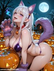 1girl ai_generated animal_ear_fluff animal_ears animal_hands arched_back arlequin097 arm_support ass bare_shoulders bat_(animal) bell bikini blurry blurry_background blush bra breasts candy cleavage collar elf emilia_(re:zero) fake_animal_ears fake_tail fangs flower food full_moon gloves hair_flower hair_ornament hairband halloween halloween_bucket huge_moon jack-o'-lantern large_breasts long_hair looking_at_viewer moon neck_bell night open_mouth panties paw_gloves pointy_ears pumpkin purple_bikini purple_bra purple_eyes purple_gloves purple_hairband purple_panties re:zero_kara_hajimeru_isekai_seikatsu red_collar saliva sidelocks solo sweat swimsuit tail thighs thong tongue tongue_out underwear white_hair wolf_ears wolf_tail x_hair_ornament