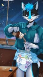 abdl anthro baby_bottle bedtime blue_eyes blue_hair canine chocolate_milk clothed clothing commission diaper diaper_fetish dog fur furry furry_only hair male meowtat milk padded pajamas solo stars wearing_diaper ych