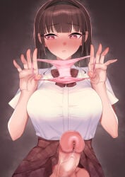1girl absurdres black_hairband blunt_bangs blush breasts brown_hair brown_skirt censored closed_mouth clothes_lift commentary_request erection facing_viewer futanari hair_intakes hairband hands_up heart heart-shaped_pupils highres holding holding_panties holding_underwear holding_unworn_clothes large_breasts lifted_by_penis long_hair looking_to_the_side mosaic_censoring original paid_reward_available panties panties_cat's_cradle penis pink_eyes pink_panties precum presenting_removed_panties pukupukubu school_uniform shirt short_sleeves skirt skirt_lift solo symbol-shaped_pupils testicles underwear unworn_panties white_shirt