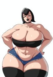 1girls big_breasts black_hair black_lips black_lipstick black_nail_polish black_nails black_thighhighs blue_eyes blue_shorts bottomwear breasts choker cleavage female female_only front_view hair half-closed_eyes hands_on_hips hotel_transylvania huge_breasts legwear lips lipstick mavis_dracula nail_polish nails neckwear short_hair short_shorts shorts solo solo_female thick_lips thick_thighs thighhighs thighs topwear tubetop vampire vampire_girl white_background xaldream