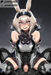 1boy 1girl ai_generated animal_ears bare_shoulders black_gloves black_skirt blue_eyes blush breasts bulge clothing crossed_bangs detached_sleeves elbow_gloves erection female futa_with_male futanari girl_on_top gloves grey_hair hair_between_eyes hairband heart-shaped_pupils hetero intersex jennieart02 large_breasts legwear looking_at_viewer miniskirt open_mouth patreon patreon_logo patreon_username penis penis_out pleated_skirt rabbit_ears short_hair skindentation skirt smile solo solo_focus straddling sweat symbol-shaped_pupils teeth thighhighs twitter twitter_username watermark