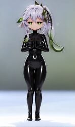 latex latex_bodysuit latex_suit nahida_(genshin_impact) praying short_female side_ponytail tight_clothing