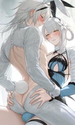 1boy 1futa 1girls 2d 2d_(artwork) ai_generated alternate_version_at_source alternate_version_available bangs_over_one_eye big_ass blue_eyes braid braided_hair breasts bulge bulge_through_clothing bunny_boy bunny_ears bunny_girl bunnysuit canon_couple clothed dry_humping flower flower_in_hair futa_focus futa_on_male futanari futasub gold_eyes gray_hair grinding grinding_on_penis grinding_through_clothes hair_between_eyes hair_ornament hair_over_one_eye hairband hazel_eyes hi_res high_resolution highres intersex intersex/male kaine_(nier) lap_sitting large_ass lunar_tear male male/female male/intersex medium_breasts medium_hair muscular muscular_male nier nier_(character) nier_(series) nier_replicant on_lap short_hair thick_ass thick_thighs white_hair yellow_eyes