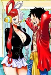 accuratemanga ai_generated big_breasts busty curvy curvy_female curvy_figure enormous_breasts hourglass_figure huge_breasts luffy manga manga_style miniskirt monkey_d_luffy multicolored_hair one_piece uta_(one_piece) wide_hips