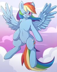 2016 blue_feathers blue_fur blush cloud cutie_mark equine feathered_wings feathers female fensu-san friendship_is_magic fur highres hooves looking_at_viewer mammal multicolored_hair my_little_pony one_eye_closed outdoors pegasus pussy pussy_juice rainbow_dash_(mlp) rainbow_hair solo spread_wings wings