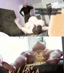 1boy 1girls 3d after_sex amy_(blankken) bed blankken bloated_belly bloated_stomach cuckold cum cum_filled curvy destroyed_bed destroyed_pussy english_text excessive_cum fiance light-skinned_female voluptuous voluptuous_female