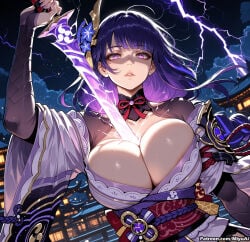 1girl ai_assisted ai_generated bangs breasts cleavage curvaceous curvy curvy_female curvy_figure electricity female flower genshin_impact hair_ornament huge_breasts japanese_armor japanese_clothes katana kimono large_breasts lightning long_hair looking_at_viewer miyuai mole mole_on_breast night obi purple_eyes purple_hair raiden_shogun sash shiny sky solo sword thick thick_ass thick_butt thick_hips thick_legs thick_thighs vambraces voluptuous voluptuous_female watermark weapon wide_hips wide_thighs