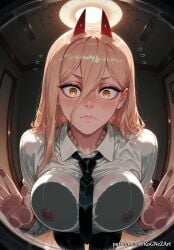 1girl 2026 against_glass ai_generated anime bangs black_necktie black_pants blonde_hair blush boobs breast_press breasts breasts_on_glass chainsaw_man cleavage closed_mouth collared_shirt cross-shaped_pupils crossover demon_horns exposed_nipples eye_contact female female_focus flushed flying_sweatdrops hair_between_eyes highres horns huge_breasts indoors inside large_breasts long_hair long_sleeves looking_at_viewer necktie neutral_expression nipples nsfw pants patreon patreon_username power_(chainsaw_man) red_horns rognezart see-through shirt solo sweat sweaty symbol-shaped_pupils very_long_hair watermark web_address wet wet_clothes wet_shirt white_shirt wing_collar yellow_eyes