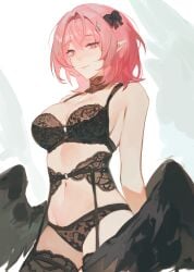 1girls big_breasts black_lingerie black_wings breasts breasts_out exposed_breasts female large_breasts lingerie pink_hair purple_eyes remielle_(zenless_zone_zero) remielle_dan short_hair wings zenless_zone_zero