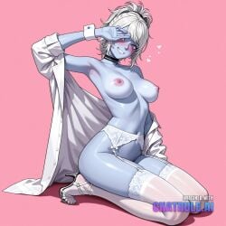 1girl aged_up ai_assisted ai_generated armpits blush bottomless choker colored_skin covering_own_eyes cute_face dragon_ball embarrassed foot_fetish full_body full_body_view garter_belt hair_bangs head_tilt highres looking_at_viewer lunafreya_nox_fleuret oversized_shirt pink_background purple_eyes seiza sleeveless solo thighs tied_hair tired_eyes topless wavy_mouth white_cuffs white_hair