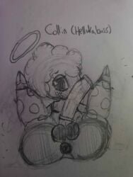 1boy 2d 2d_(artwork) anus anus_focus awk33368_(artist) big_hair butt butt_focus cock collin_(helluva_boss) curly_hair dick donut_anus femboy femboy_only fluffy_hair gay halo helluva_boss hooves horsecock leg_warmers legs_up looking_at_viewer male male_focus male_only nervous nipples penis penis_focus presenting presenting_anus presenting_hindquarters presenting_penis sheep