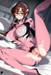 1girl ai_generated anus ass bed_sheet blue_eyes bodysuit breasts brown_hair female_pubic_hair glasses large_breasts long_hair looking_at_viewer low_twintails lying makinami_mari_illustrious mari_illustrious_makinami neon_genesis_evangelion on_bed pink_bodysuit plugsuit presenting pubic_hair pussy rebuild_of_evangelion red-framed_eyewear smile solo spread_legs sunori torn_bodysuit torn_clothes torn_legwear twintails uncensored