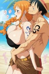 ai_generated beach big_breasts blush busty couple grabbing grabbing_from_behind huge_breasts monkey_d_luffy muscular muscular_male nami_(one_piece) one_piece orange_hair skirt smile tattoo top